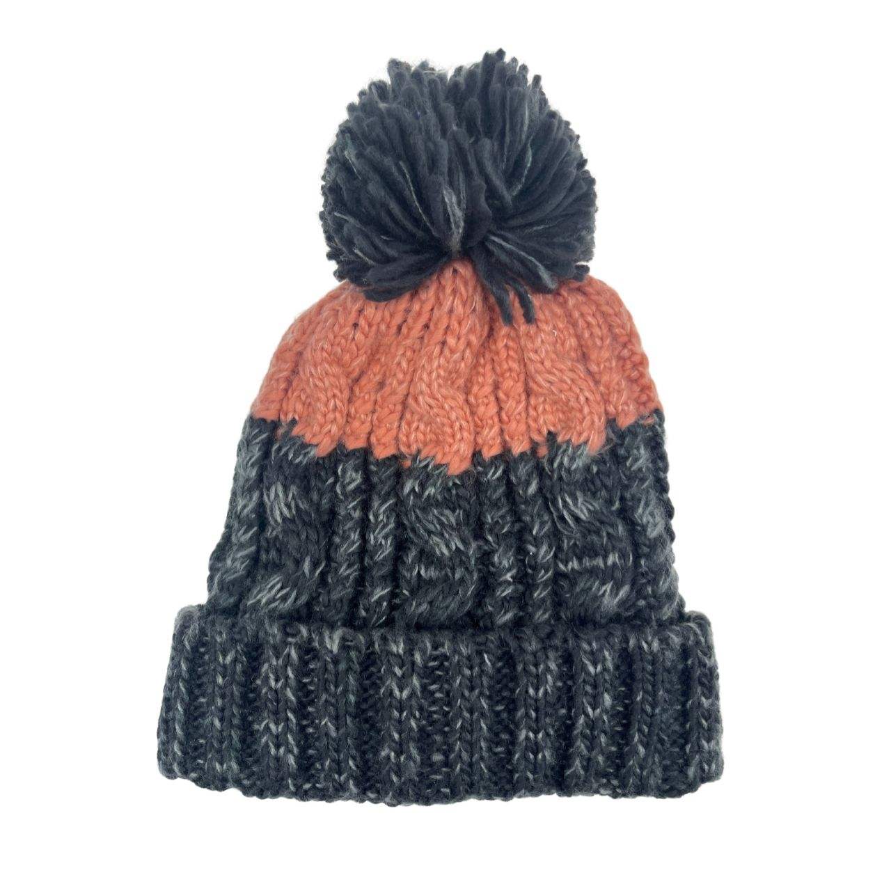Two-Tone Cable Knit Cuffed Pom Pom Winter Beanie