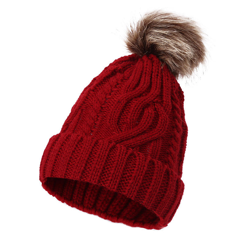 Cable Knit Cuffed Faux Fur Pom Pom Winter Beanie Hat