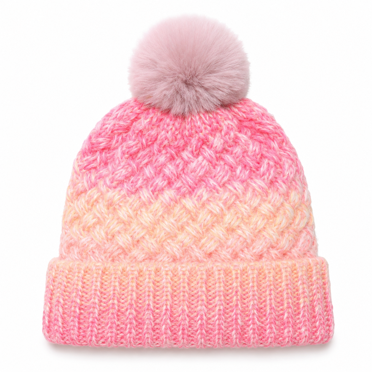 Pastel Gradient Cable Knit Pom Pom Cuffed Beanie