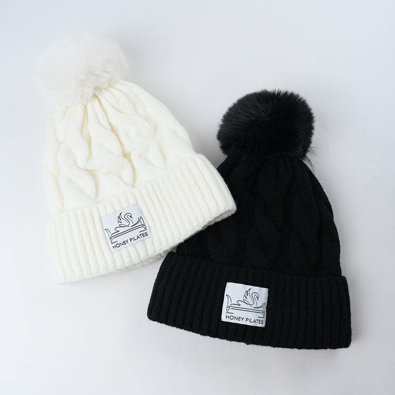 Cable Knit Cuffed Winter Beanie with Faux Fur Pom Pom