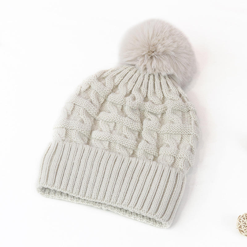 Women’s Winter Cable Knit Cuffed Beanie with Faux Fur Pom Pom