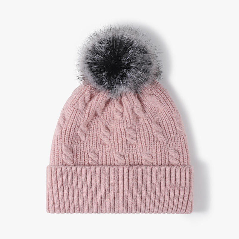 Women's Winter Cable Knit Cuffed Beanie Hat with Faux Fur Pom Pom