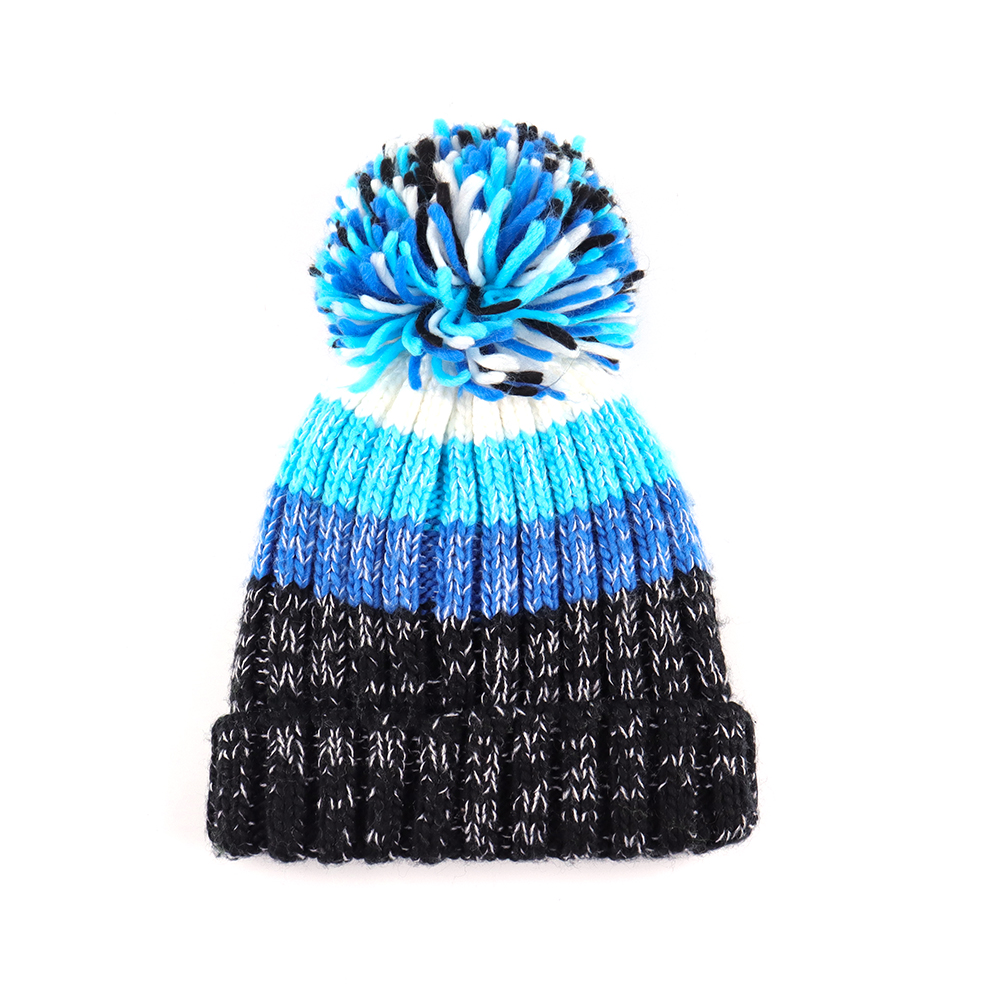 Blue Black Cable Knit Cuffed Pom Pom Beanie with Front Patch