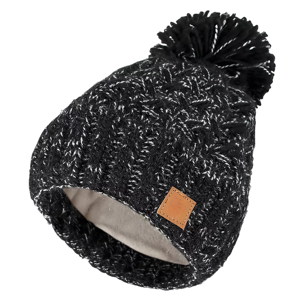 Striped Cable Knit Pom Pom Beanie with Faux Fur Lining