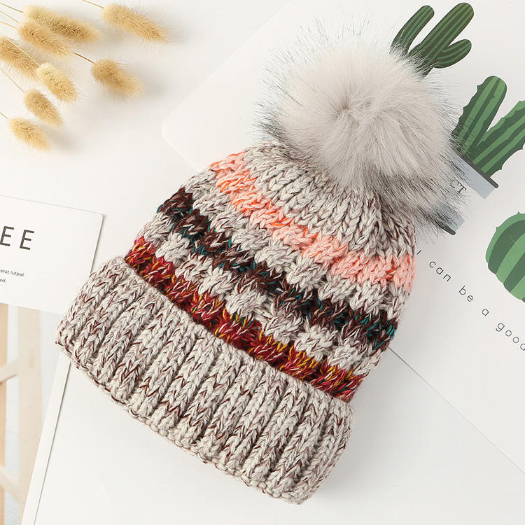 Striped Cable Knit Cuffed Beanie with Faux Fur Pom Pom