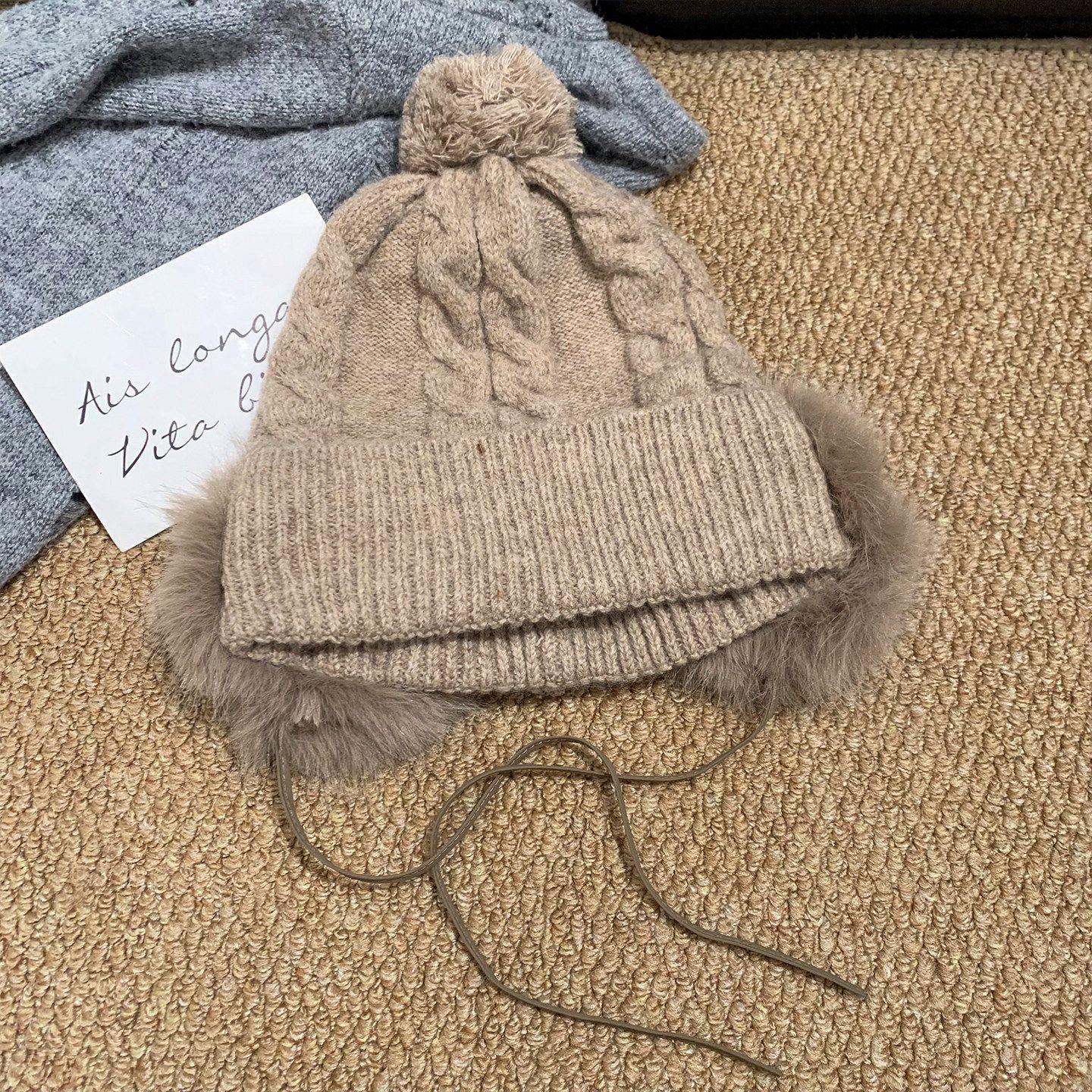 Winter Cable Knit Beanie Hat with Faux Fur Side Pom Poms and Cuffed Design