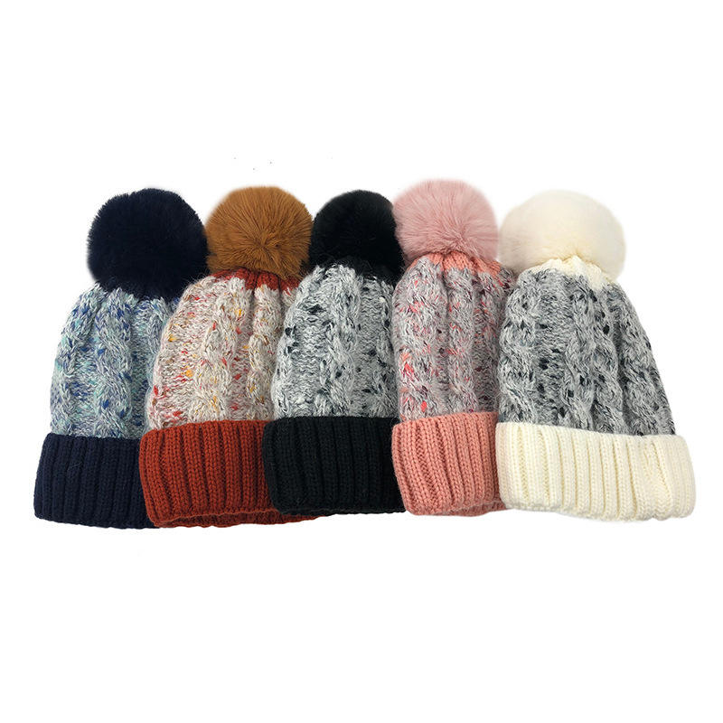 Women's Winter Cable Knit Pom Pom Beanie with Faux Fur Top