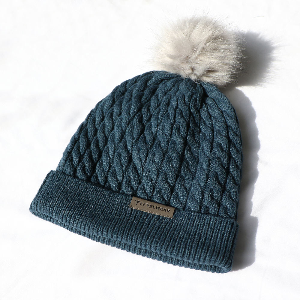 Teal Cable Knit Cuffed Beanie with Faux Fur Pom Pom