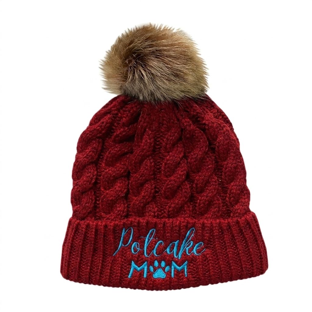 Cable Knit Beanie Hat with Faux Fur Pom Pom, Cuffed Winter Hat with Embroidered Logo