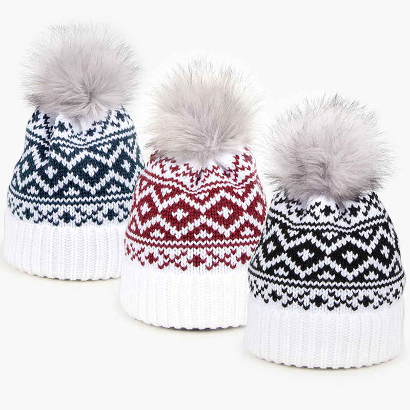 Winter Nordic Pattern Knit Beanie with Faux Fur Pom Pom