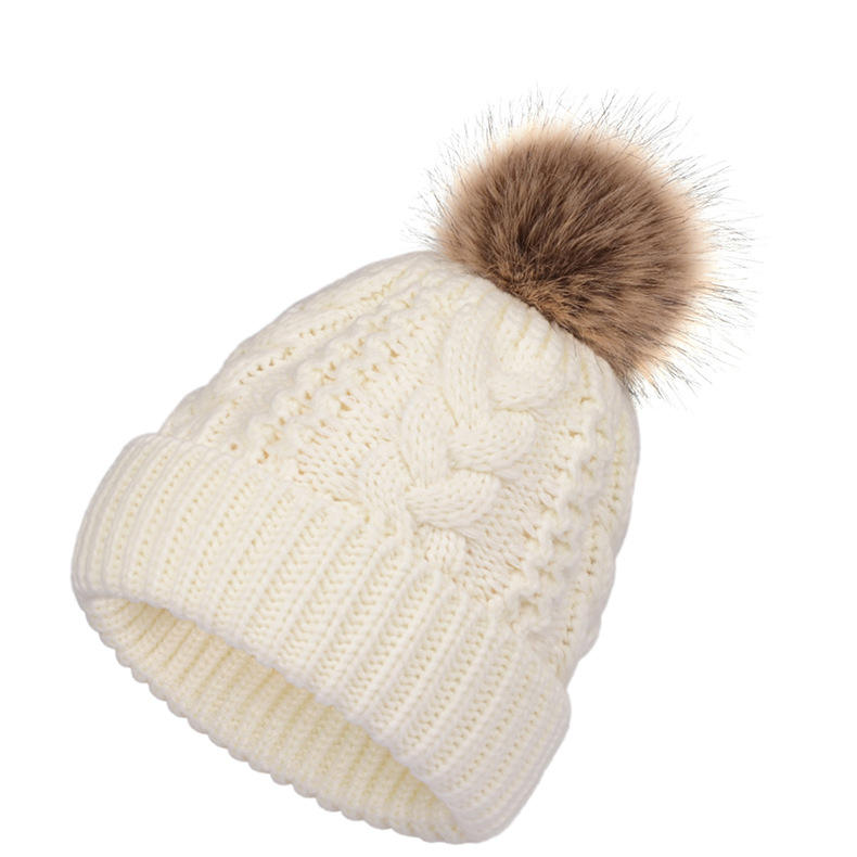 Winter Cable Knit Beanie with Faux Fur Pom – Soft Warm Cuffed Hat