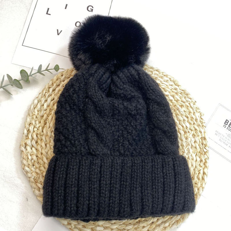 Thick Cable Knit Cuffed Faux Fur Pom Pom Beanie Hat