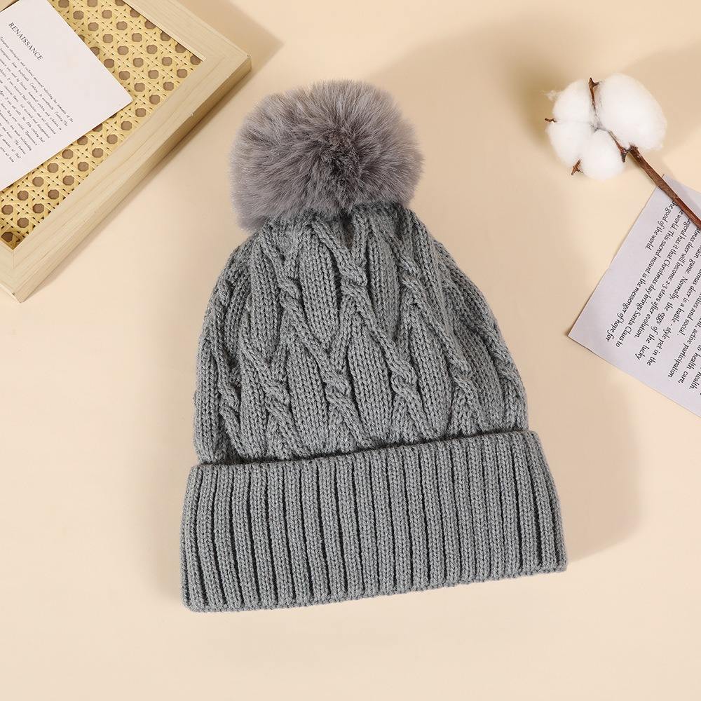 Cable Knit Winter Beanie Hat with Faux Fur Pom Pom
