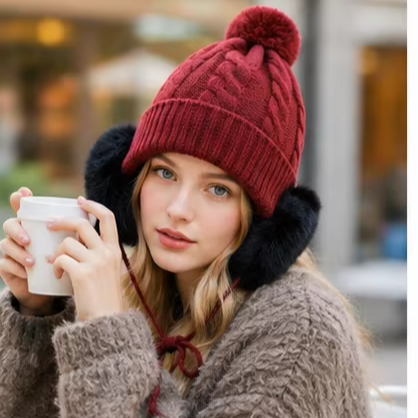 Winter Cable Knit Beanie Hat with Faux Fur Side Pom Poms and Cuffed Design