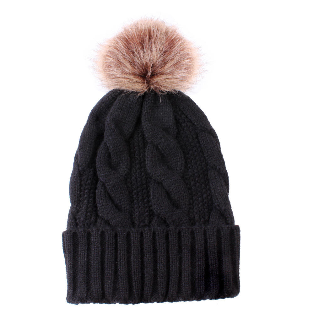 Women's Winter Cable Knit Pom Pom Beanie with Faux Fur Ball