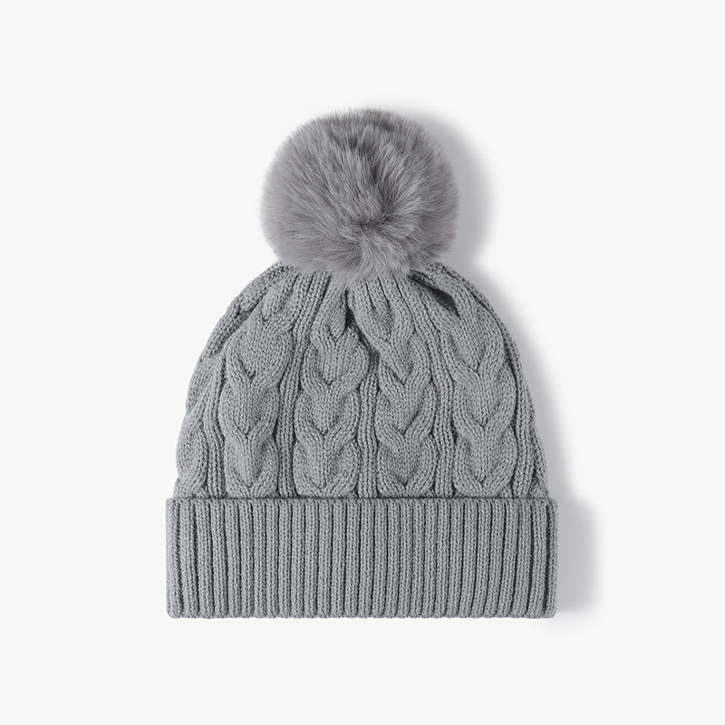 Cable Knit Cuffed Beanie Hat with Faux Fur Pom Pom