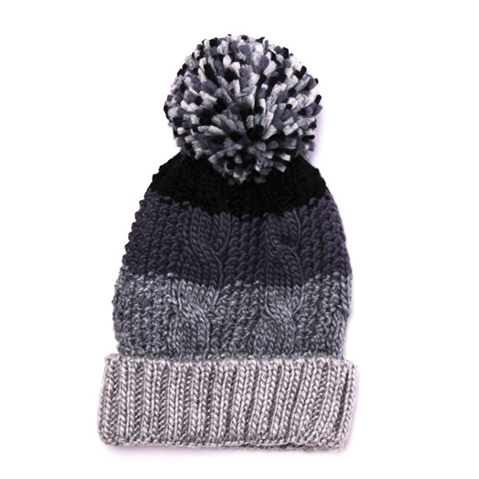Striped Chunky Cable Knit Cuffed Beanie with Multicolor Pom Pom