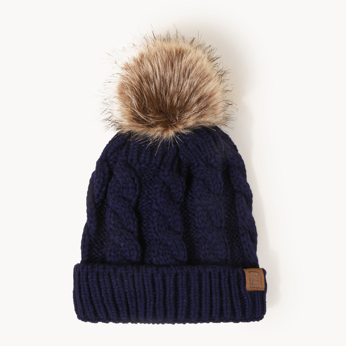 Winter Cable Knit Faux Fur Pom Pom Beanie Hat for Women Soft Warm Cuffed Skull Cap