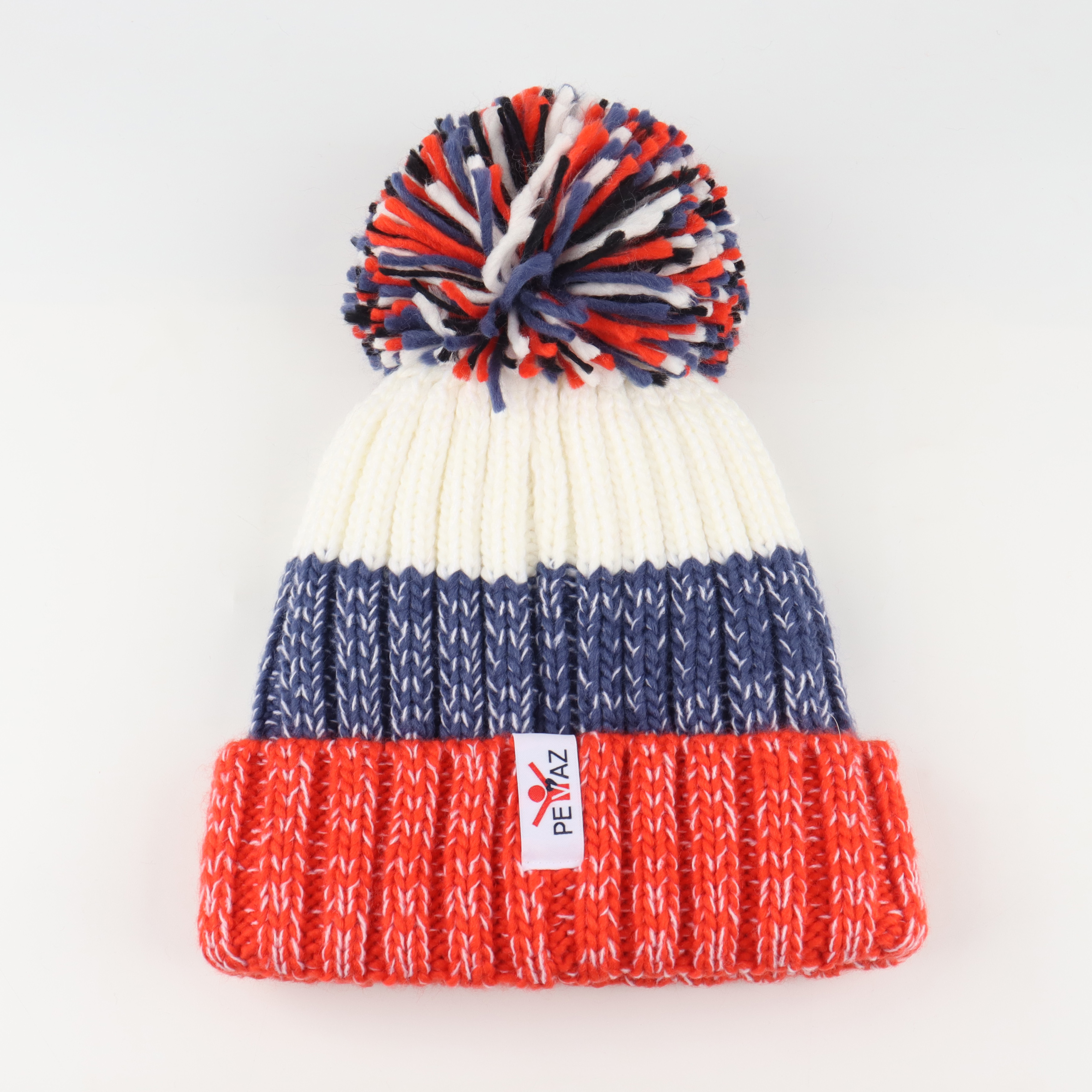 Color Block Cuffed Knit Pom Pom Beanie with Cartoon Patch