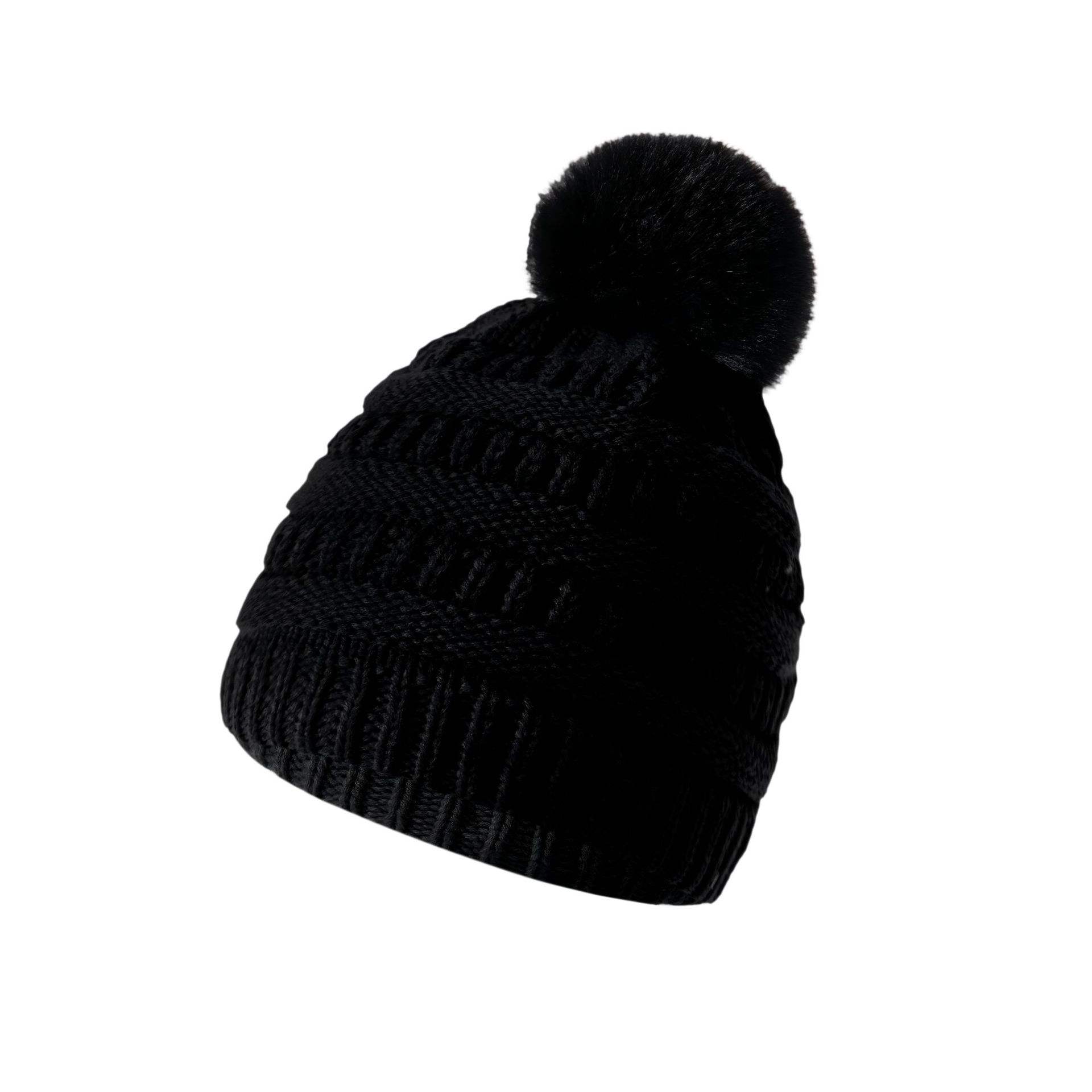 Women's Winter Cable Knit Beanie Hat with Faux Fur Pom Pom, Soft Warm Cuffed Ski Cap