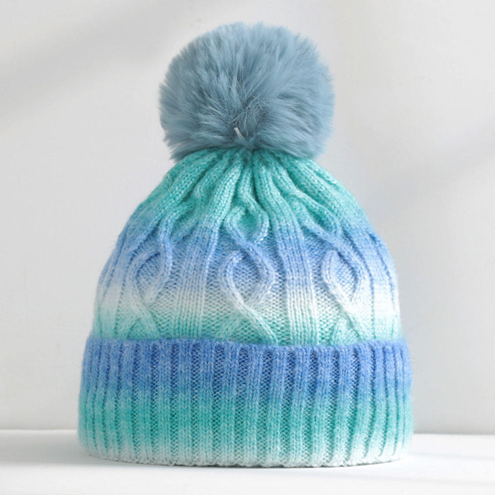 Gradient Cable Knit Beanie Hat with Faux Fur Pom Pom Winter Cap