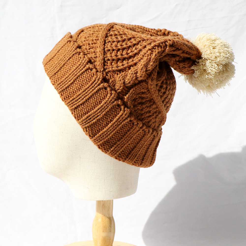 Caramel Cable Knit Cuffed Beanie with Cream Pom Pom