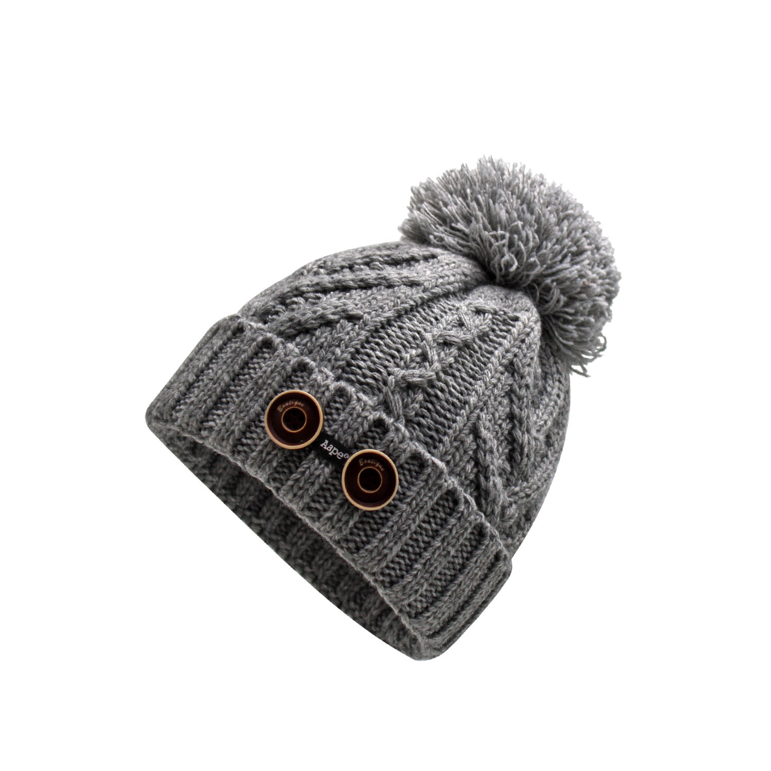 Women’s Cable Knit Cuffed Pom Pom Beanie Hat with Double Button Detail