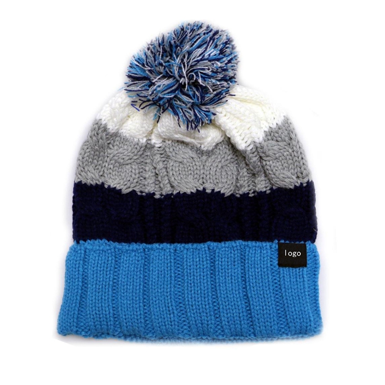 Striped Chunky Cable Knit Cuffed Pom Pom Beanie Hat