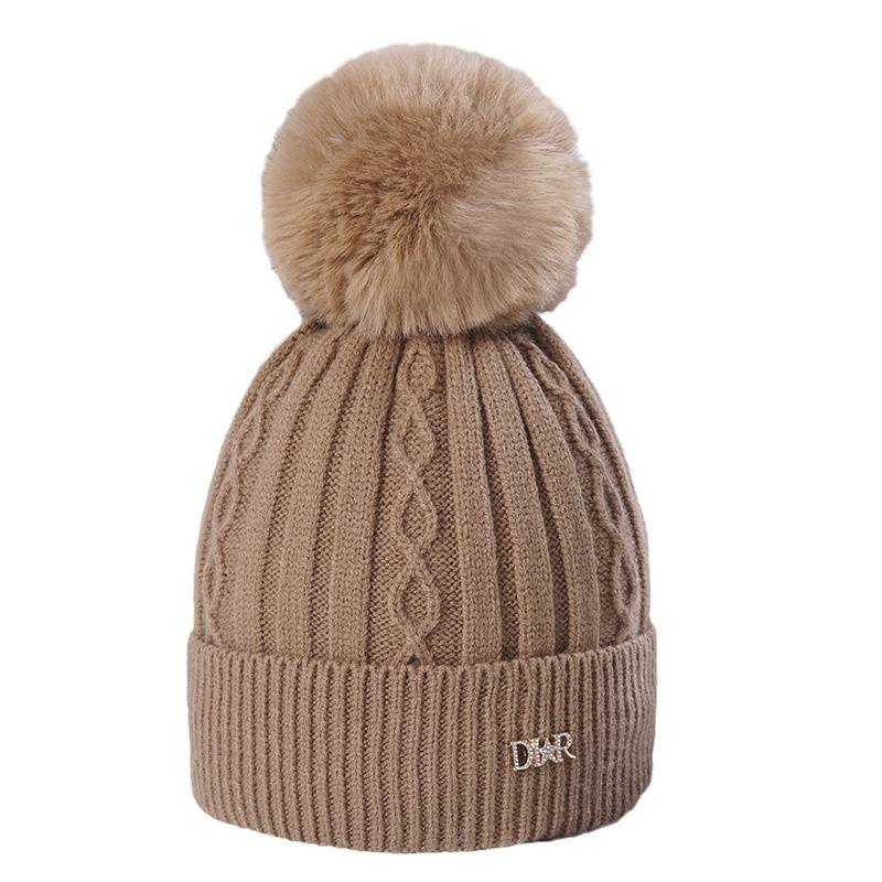Women's Winter Ribbed Knit Beanie with Faux Fur Pom Pom