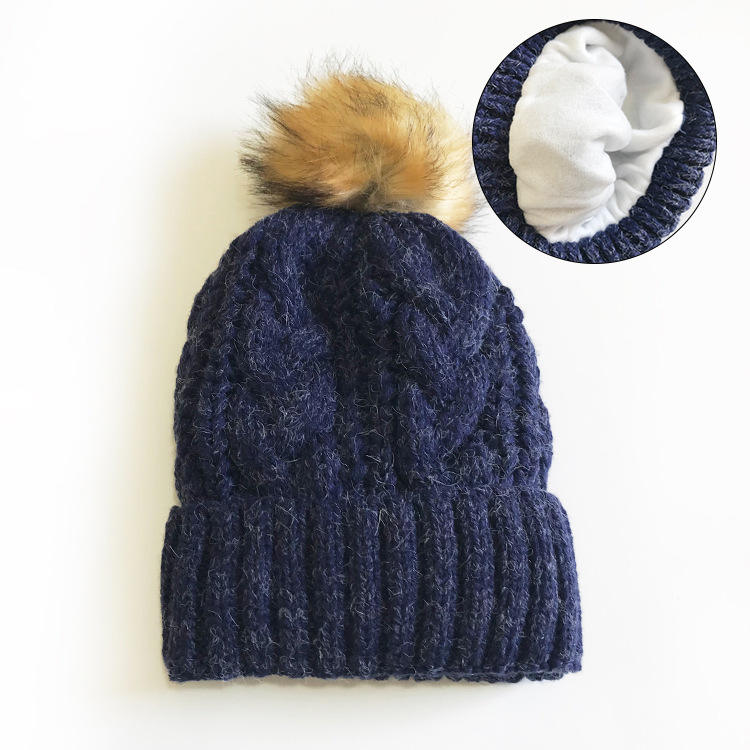 Chunky Cable Knit Beanie Hat with Faux Fur Pom Pom in Multiple Colors