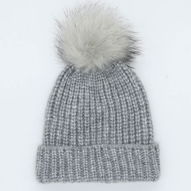 Thick Cable Knit Cuffed Beanie with Faux Fur Pom Pom