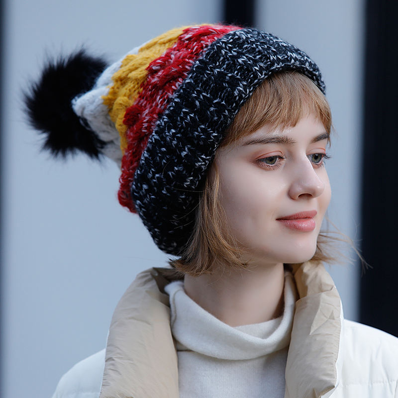 Color Block Cable Knit Winter Beanie Hat with Oversized Faux Fur Pom Pom and Ribbed Foldover Cuff