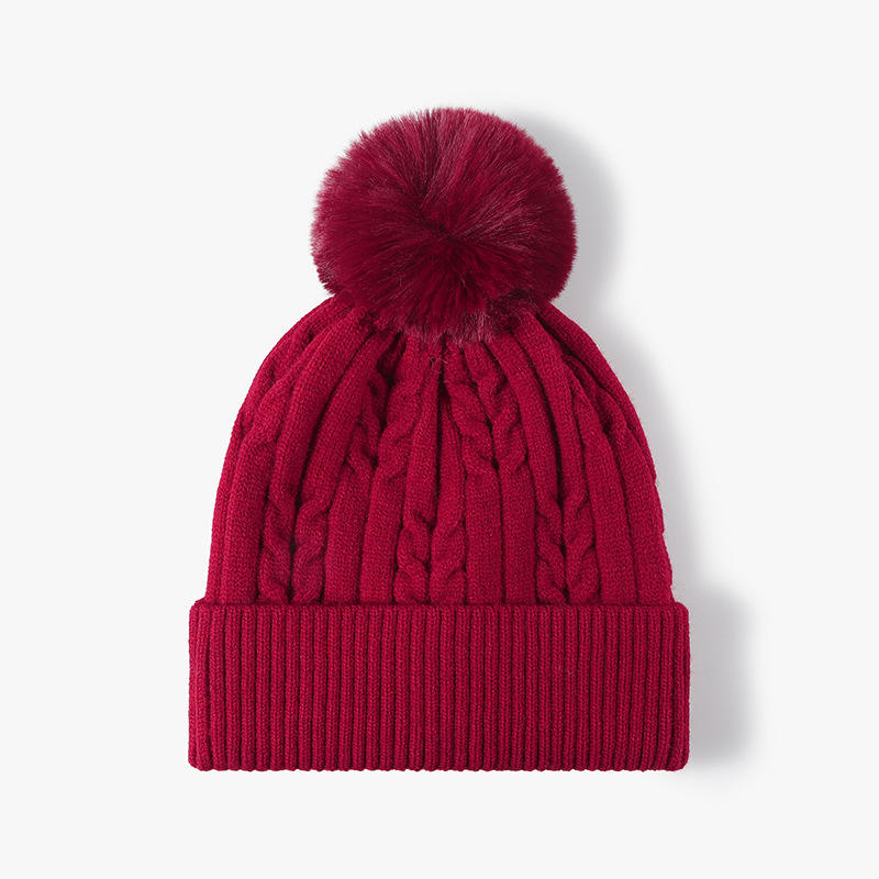 Women Men Winter Cable Knit Beanie Hat with Faux Fur Pom Pom Soft Warm Cuffed Design
