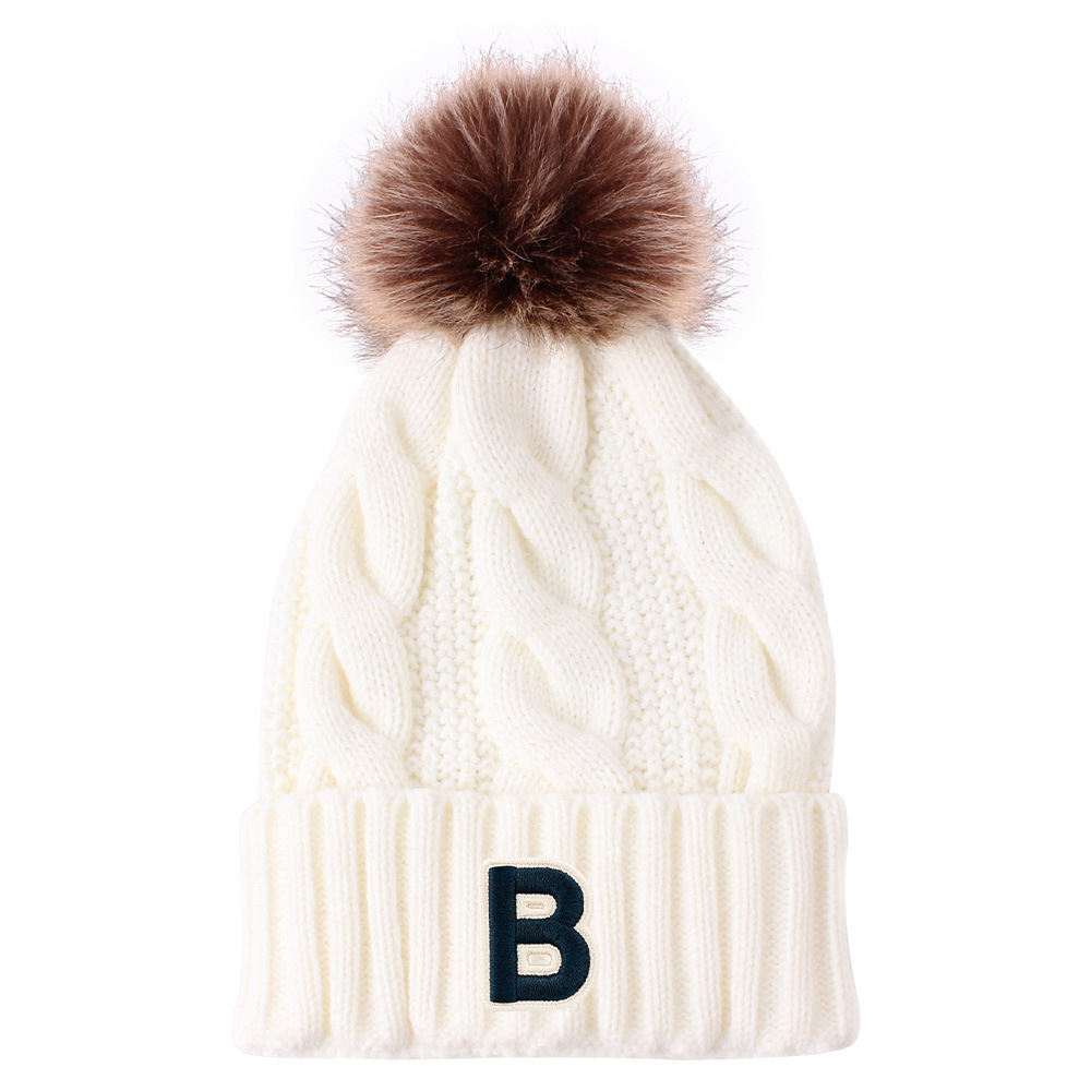 B Patch Cable Knit Cuffed Faux Fur Pom Pom Beanie