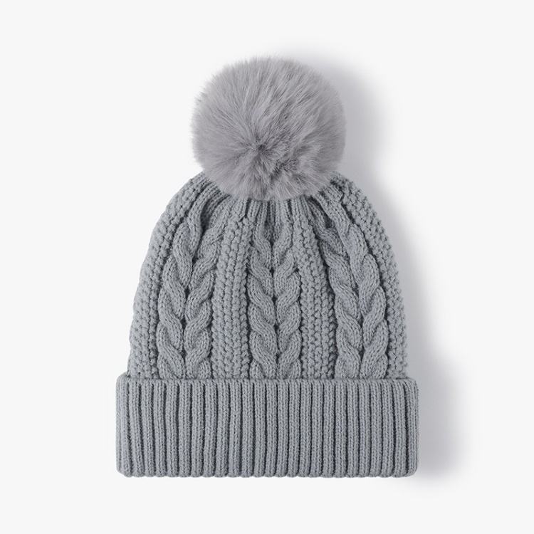 Winter Warm Cable Knit Beanie with Faux Fur Pom