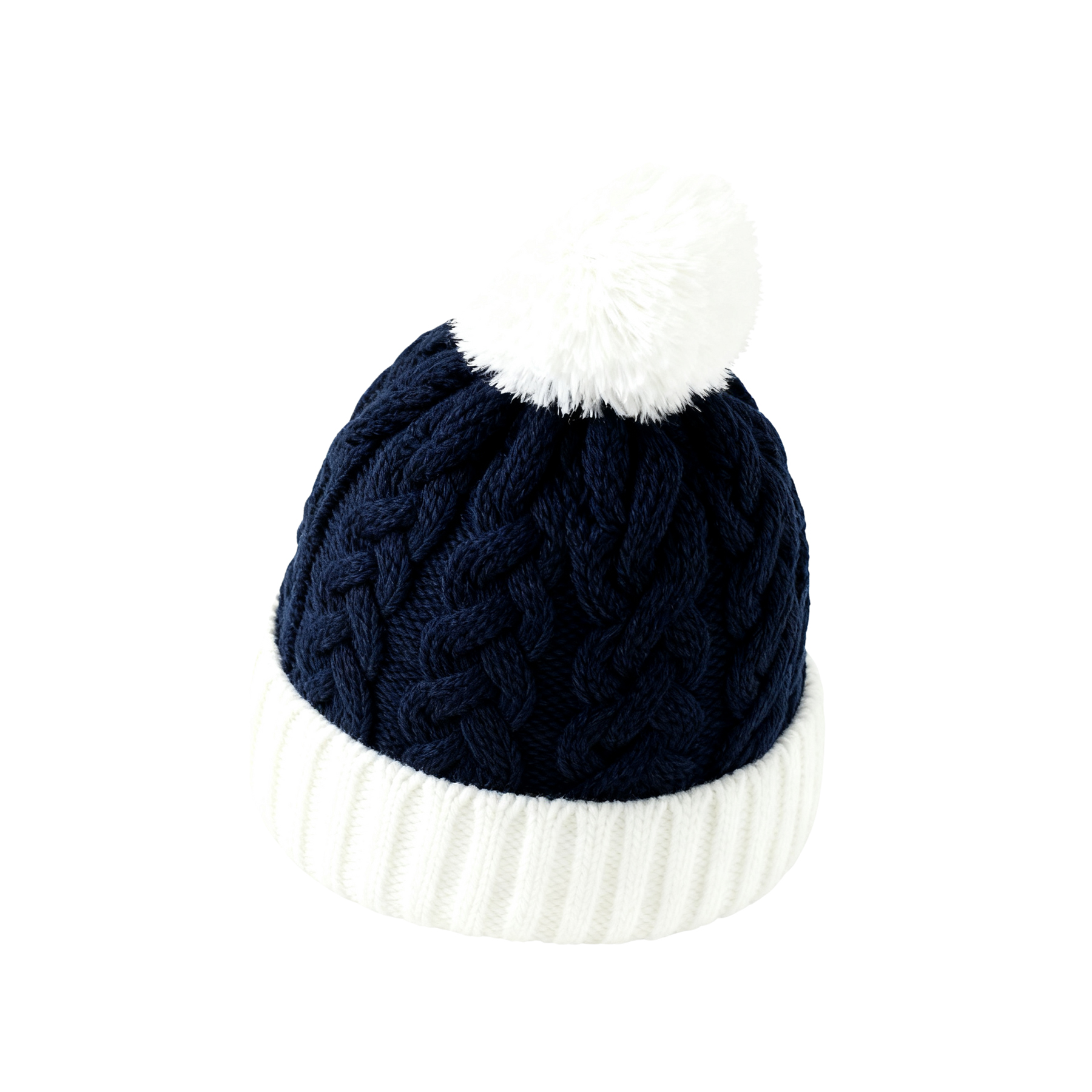 Winter Cable Knit Pom Pom Beanie with Embroidered Logo Warm Cuffed Hat