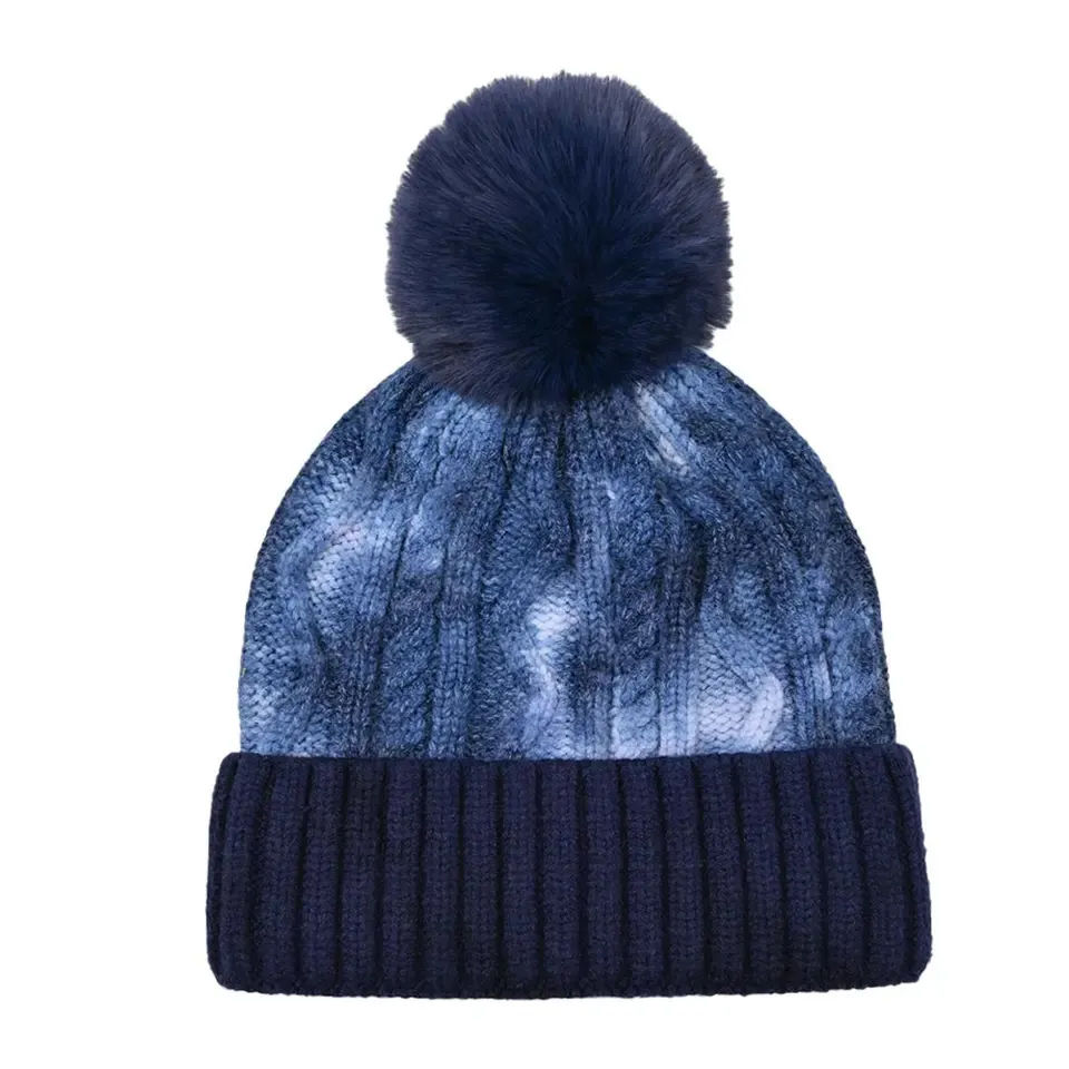 Tie Dye Winter Beanie with Faux Fur Pom Pom for Men Women