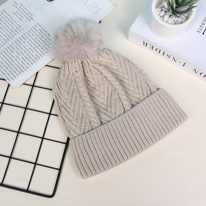 Winter Cable Knit Faux Fur Pom Pom Beanie Hat for Women