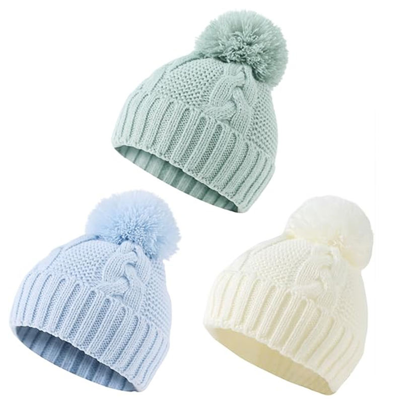 Soft Cable Knit Pom Pom Beanie Hat with Ribbed Cuff Winter Warm Knitted Cap
