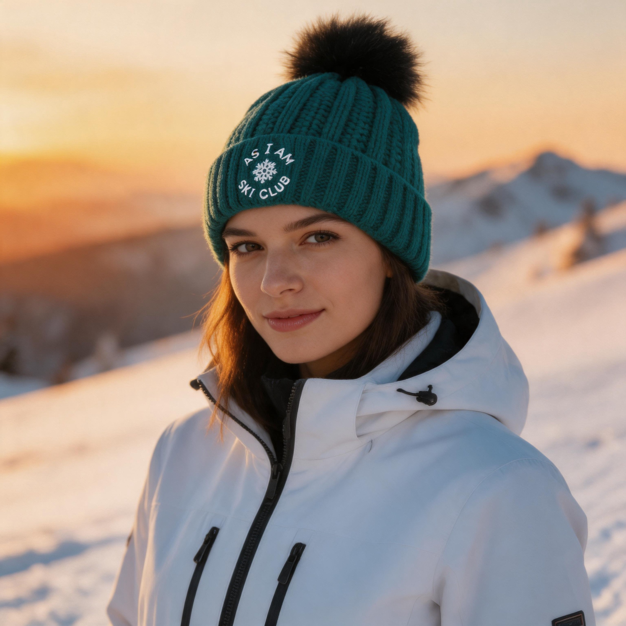 Winter Cable Knit Cuffed Beanie with Faux Fur Pom Pom and Embroidered Ski Club Snowflake Logo – Unisex Warm Ribbed Hat
