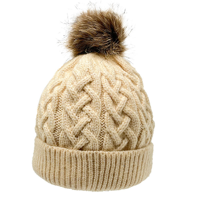 Warm Cable Knit Beanie Hat with Faux Fur Pom Pom Cuffed Winter Cap