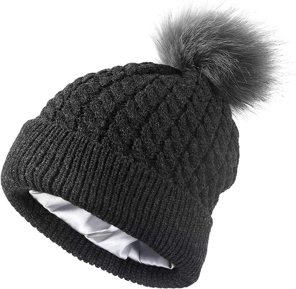 Cable Knit Cuffed Beanie with Faux Fur Pom Pom