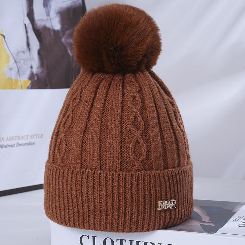 Women's Winter Ribbed Knit Beanie with Faux Fur Pom Pom