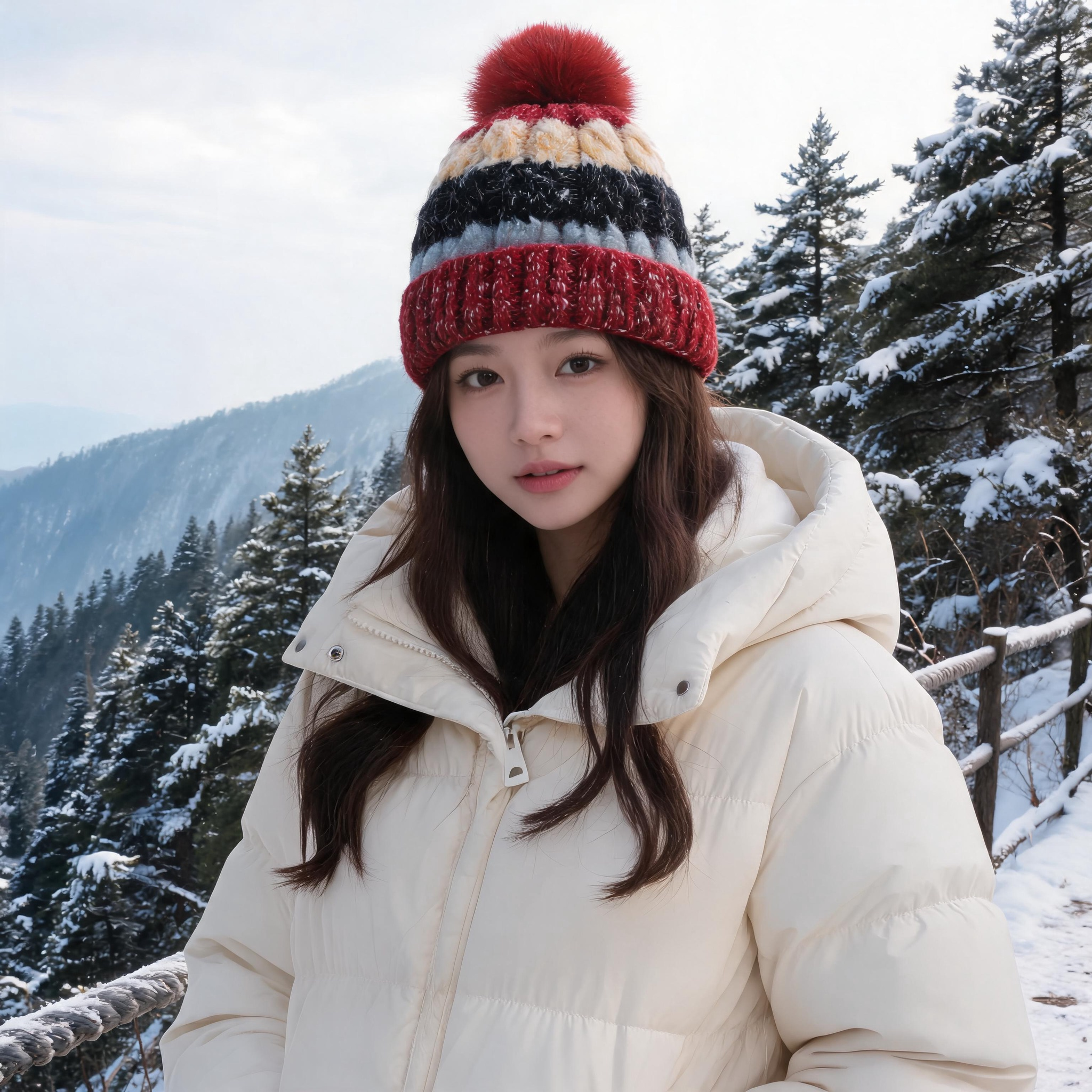 Color Block Cable Knit Winter Beanie Hat with Oversized Faux Fur Pom Pom and Ribbed Foldover Cuff