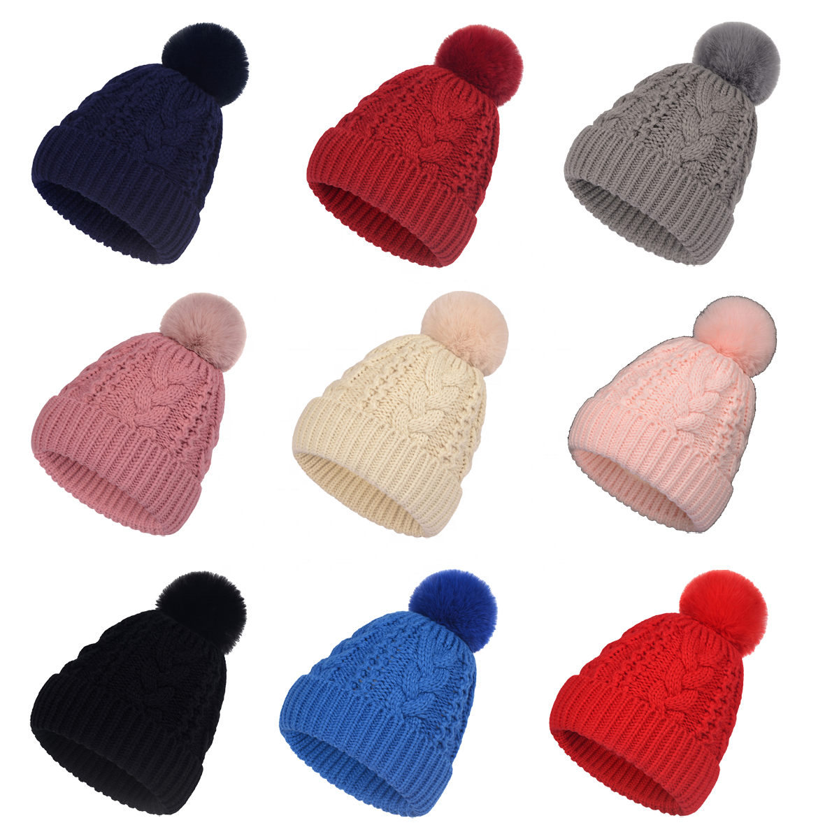 Cable Knit Cuffed Winter Beanie with Faux Fur Pom Pom