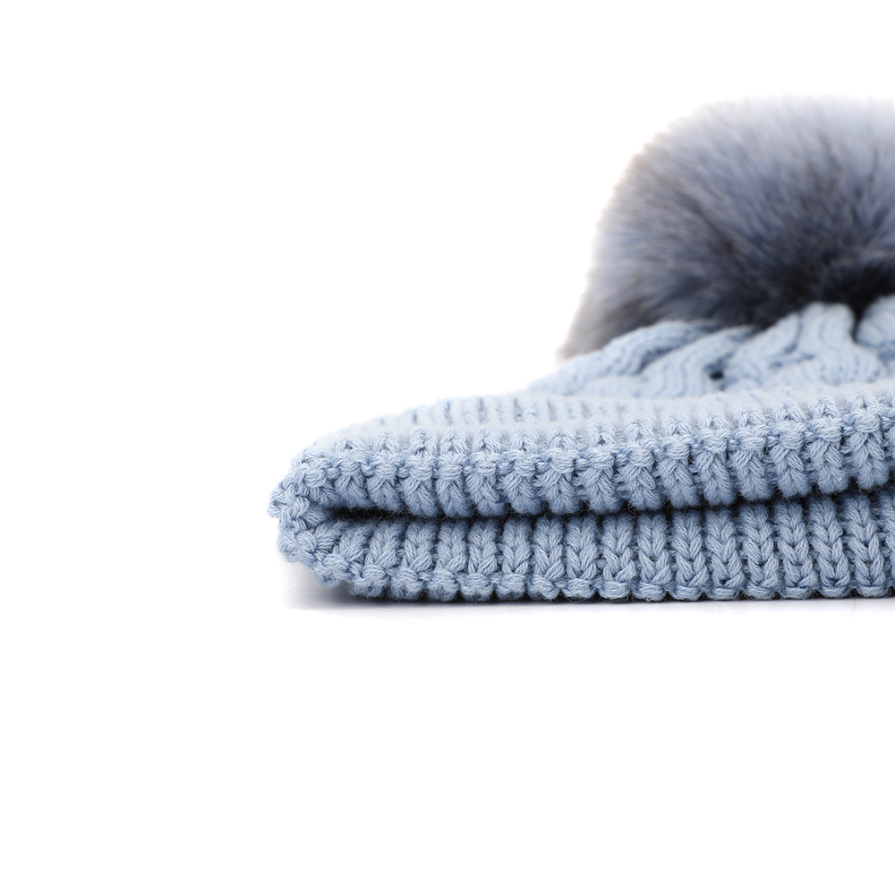 Ice Blue Cable Knit Cuffed Beanie with Gray Faux Fur Pom Pom