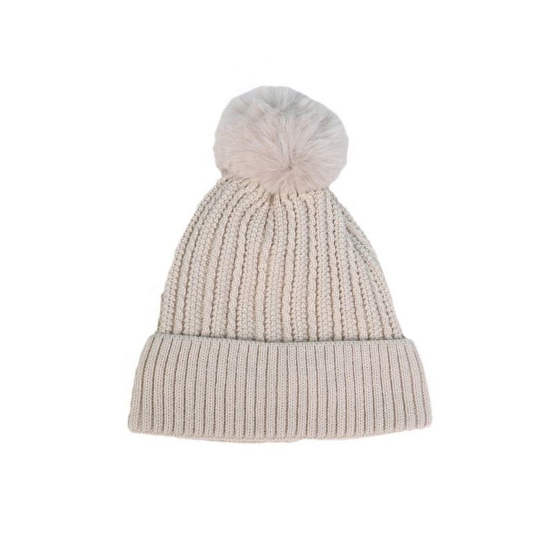 Warm Cable Knit Beanie with Faux Fur Pom