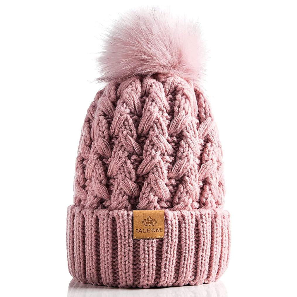 Winter Cable Knit Beanie with Faux Fur Pom Pom Thick Cuffed Warm Hat