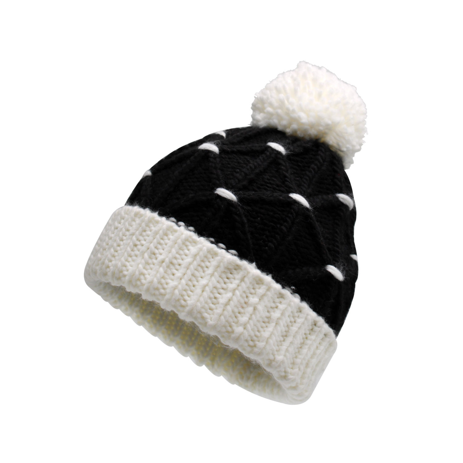 Cable Knit Cuffed Pom Pom Beanie Hat in Beige and Black
