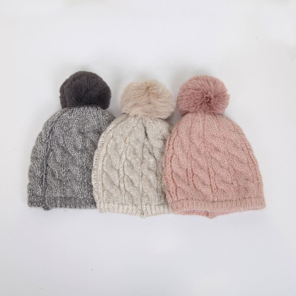 Winter Cable Knit Pom Pom Beanie Hat Set in Grey Cream and Pink